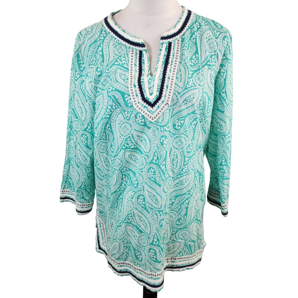 Talbots Womens XL Turquoise Paisley Tunic Top Split‎ Neck Cotton Beach Blouse